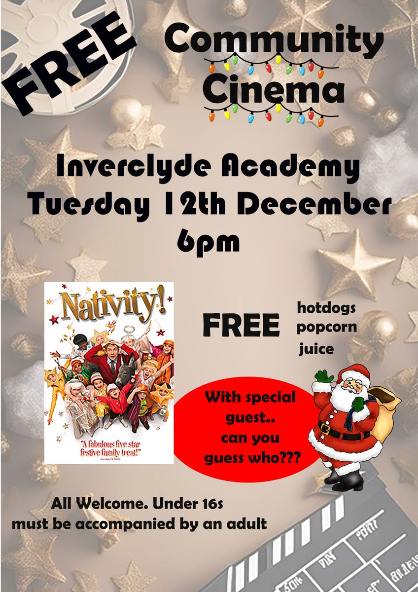 teammckenzie227's tweet photo. Only 2 weeks until our community cinema night at Inverclyde Academy.   And special guest appearance from the big man himself 🎅.  Popcorn, hotdogs and juice all free to help you enjoy our festive film "The Nativity."  Hope to see you all there 🎄🎄 https://t.co/WLeglOODLR
