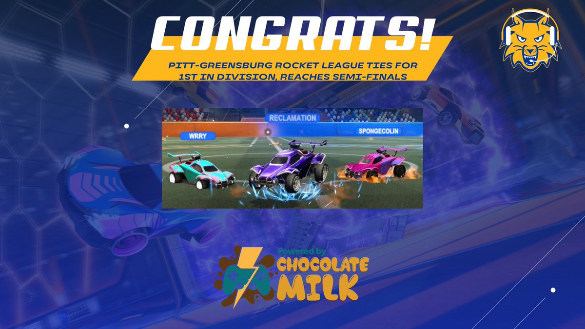 pittgbgesports's tweet photo. Congrats to our Rocket League team, Colin Hart, Tommy Christafano, and Sean Lanager, for coming tied for first in their division and making it to the semi-finals of their playoff bracket! They did so powered up on chocolate milk! 🍫🥛⚡️

#poweredbychocolatemilk #rocketleague #UPG https://t.co/izdiwDWt6z