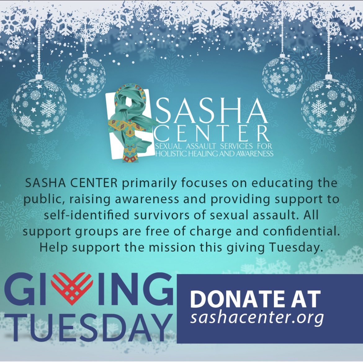 SashaCenter1's tweet photo. It’s Giving Tuesday! Consider helping us to center black women and breaking silence at the SASHA Center! https://t.co/Xs9QB9oiJC