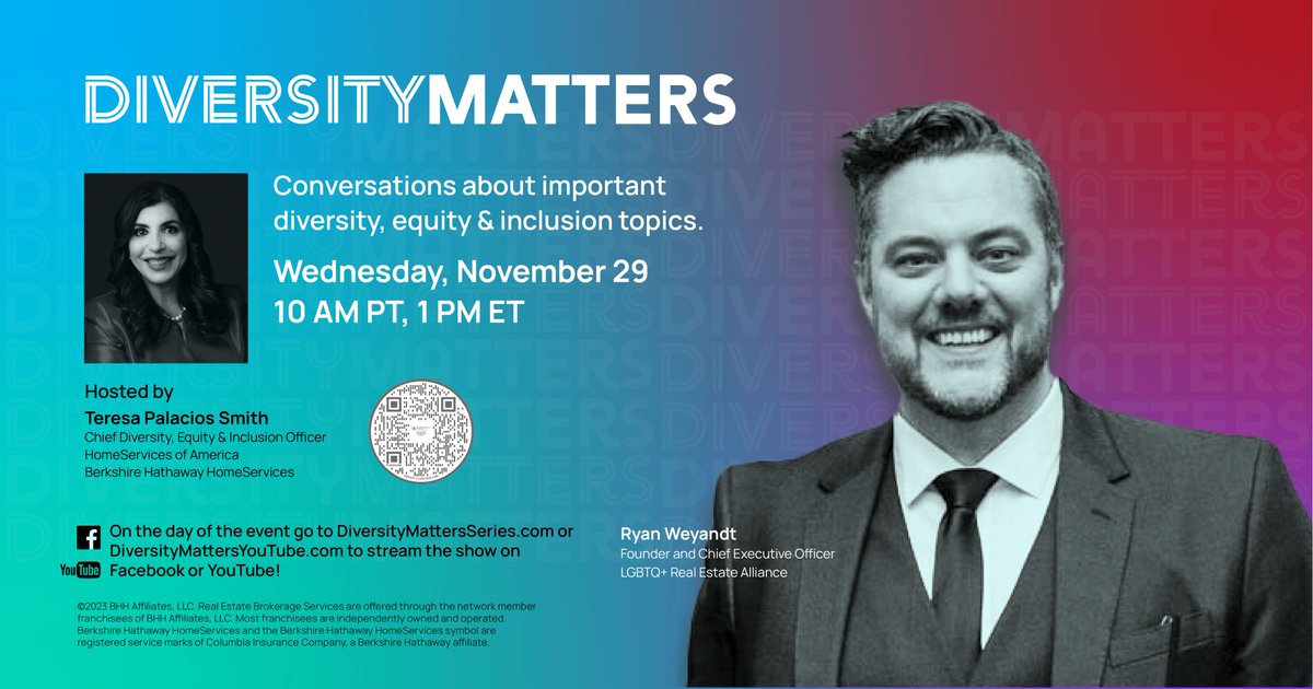 Join me tomorrow for the 5th installment of Diversity Matters, featuring special guest, Ryan Weyandt, the Founder and CEO of the LGBTQ+ Real Estate Alliance (“The Alliance”). 
Streaming Live: DiversityMattersSeries.com 
YouTube: DiversityMattersYouTube.com
<a href="/X/">X</a>