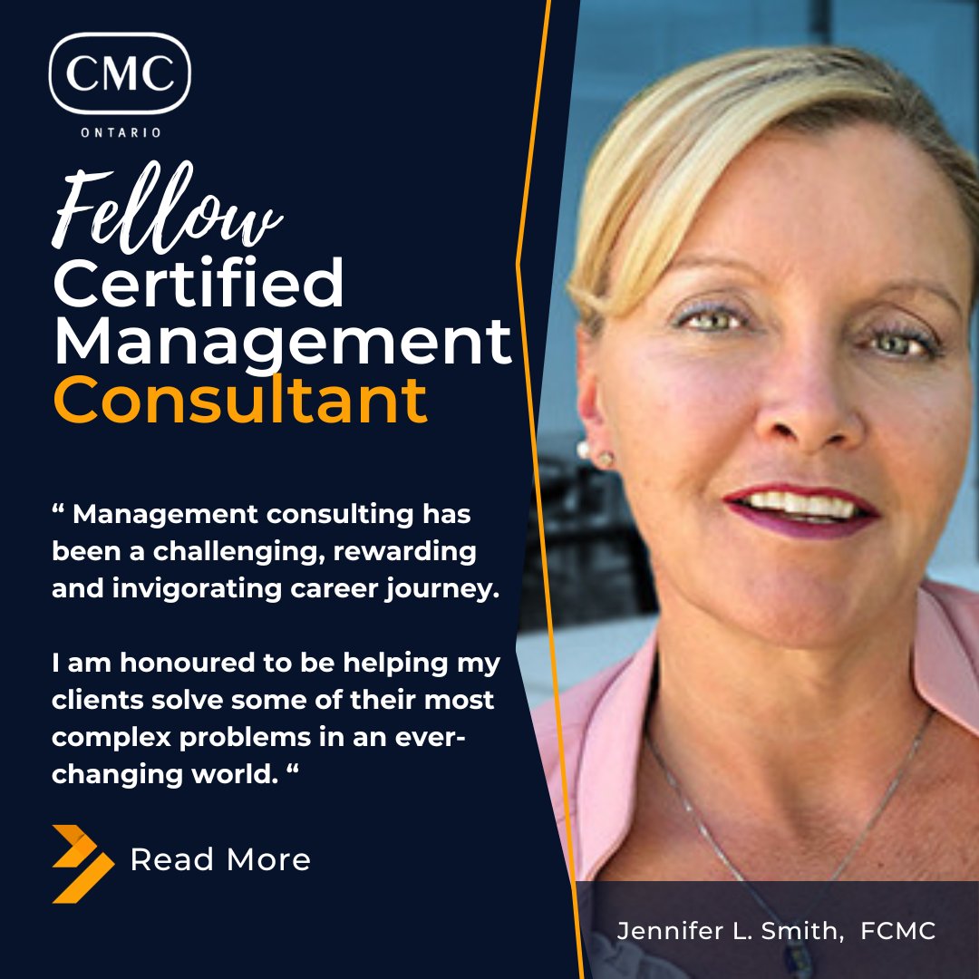 The Institute of Certified Management Consultants of Ontario is pleased to recognize Jennifer Smith FCMC, as a Fellow Certified Management Consultant (FCMC).

Learn more about how Jennifer achieved this honour cmc-canada.ca/Ontario/ontari…

#ConsultinginCanada #consultinginOntario