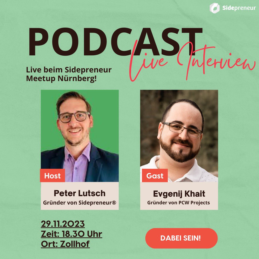 Nebenberufliche Gründer*innen aus Nürnberg aufgepasst!

Morgen findet wieder unser Sidepreneur Meetup vor Ort statt 🚀

Es erwartet euch ein Live Podcast und wertvolles Netzwerken.

Kostenlos dabei sein 👉 meetup.com/sidepreneur-me…

#sidepreneur #meetup #nürnberg