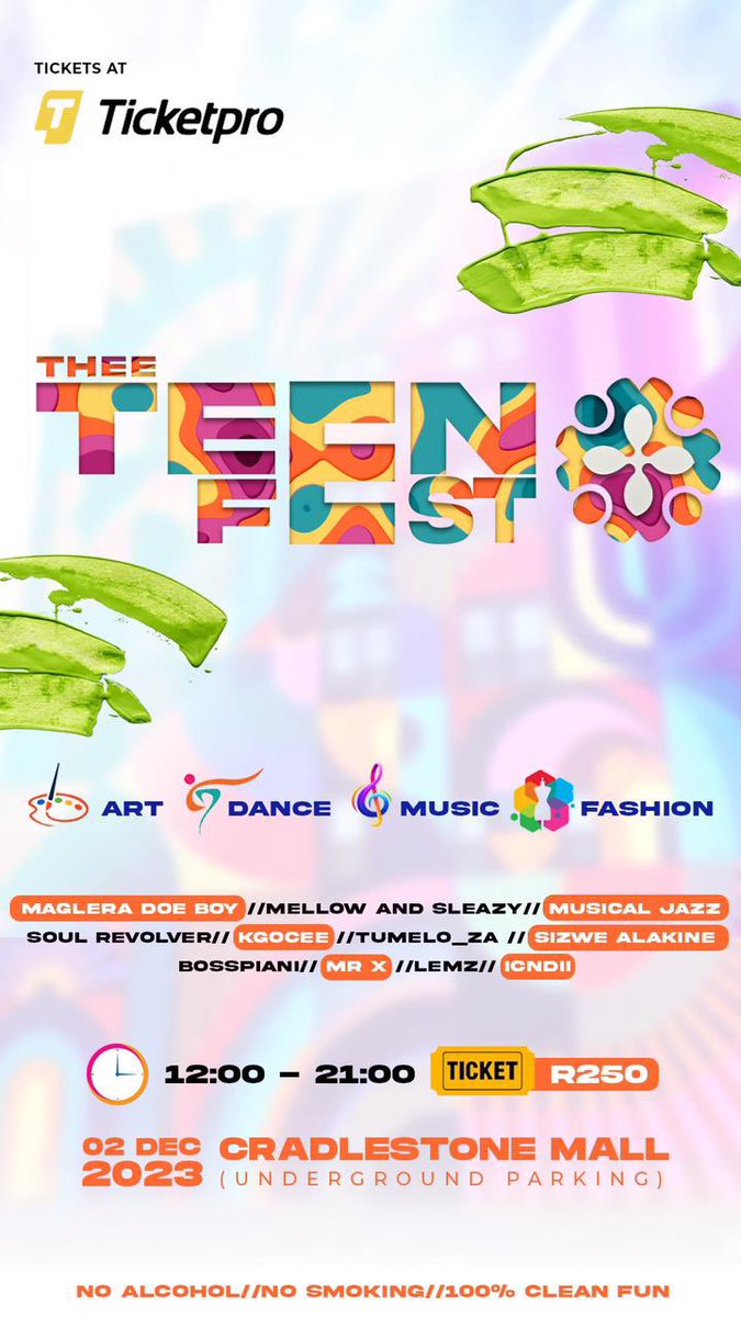 GodmotherThe's tweet photo. I don't wanna have to tell you twice to secure tickets to the long anticipated kid friendly event of the year 🫵🏿. And nani niyabona the lineup is a mazza 🔥. Come rock with us the safest way possible! #TheeTeenFest

Date: 2 December 2023
⏰: 12:00 - 21:00

🎟️: https://t.co/g8qLfN3804