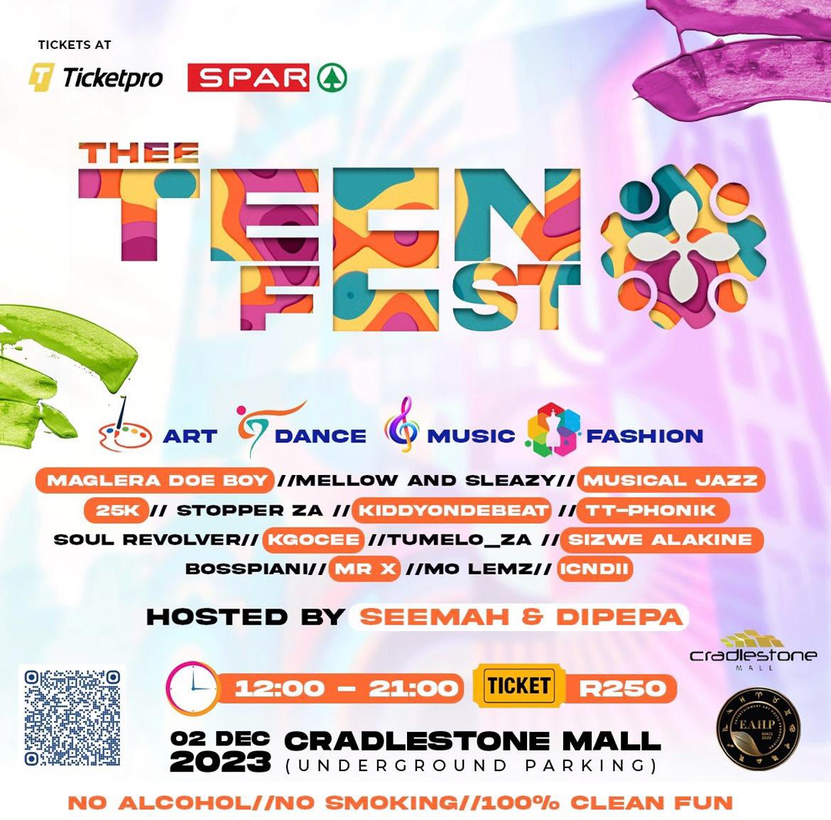 GodmotherThe's tweet photo. I don't wanna have to tell you twice to secure tickets to the long anticipated kid friendly event of the year 🫵🏿. And nani niyabona the lineup is a mazza 🔥. Come rock with us the safest way possible! #TheeTeenFest

Date: 2 December 2023
⏰: 12:00 - 21:00

🎟️: https://t.co/g8qLfN3804