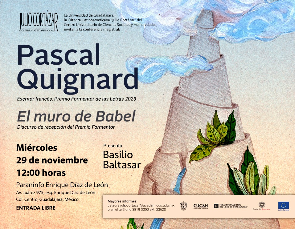 udg_oficial's tweet photo. La @CatedraJC te invita a la charla que Pascal Quignard, ganador del Premio Formentor de las Letras 2023, impartirá en el Paraninfo Enrique Díaz de León.  

🔴 Sigue la transmisión por nuestras redes sociales. https://t.co/kU6svJQiJs