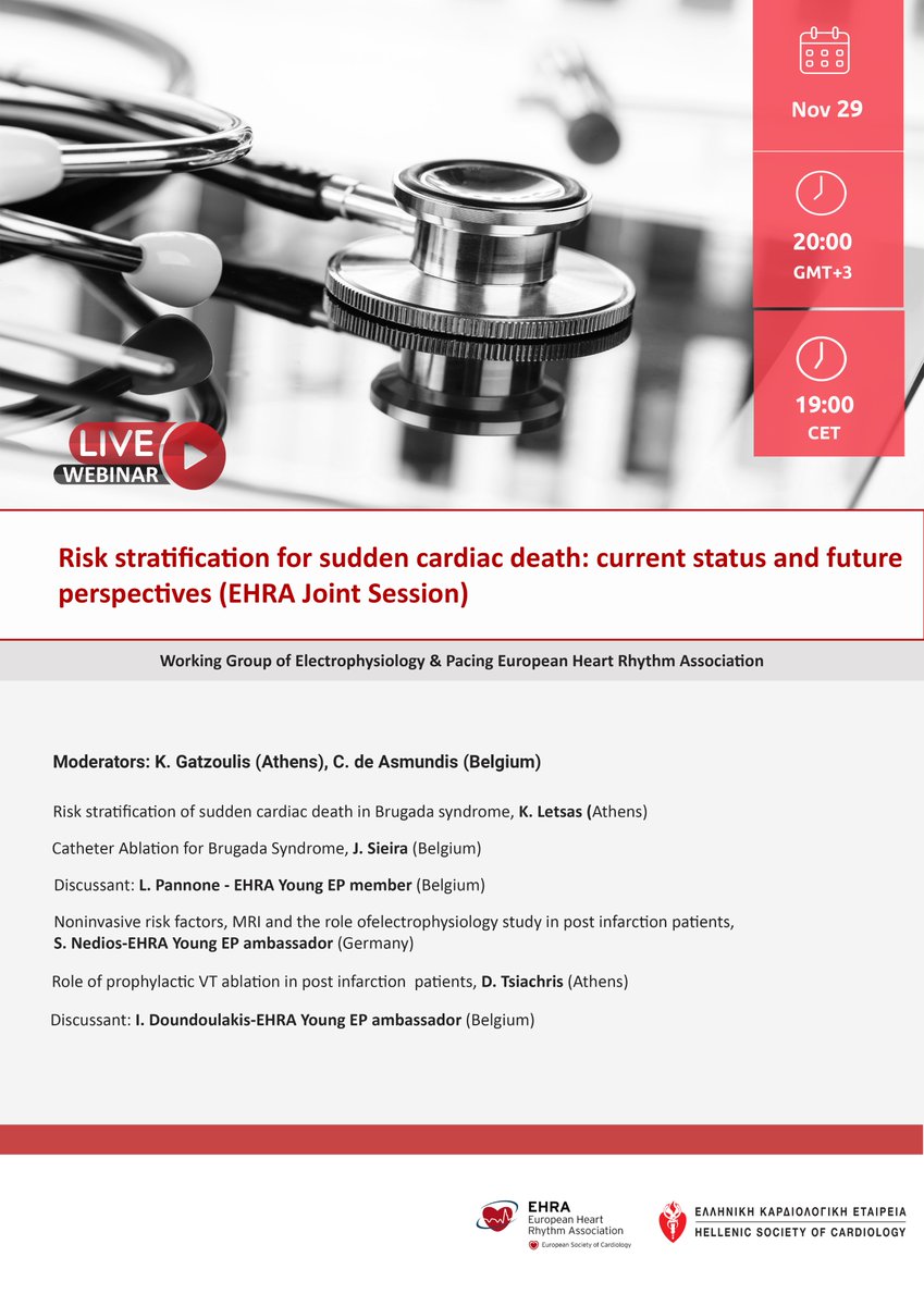 To dive into risk stratification management and ablation in Brugada and post infarction patients,

join us in this online EHRA (European Heart Rhythm Association) joint webinar 

Tomorrow, Wednesday 29/11/2023 at 20:00 (CET: 19:00)

Register here: hcs.gr/ehra-joint-ses…