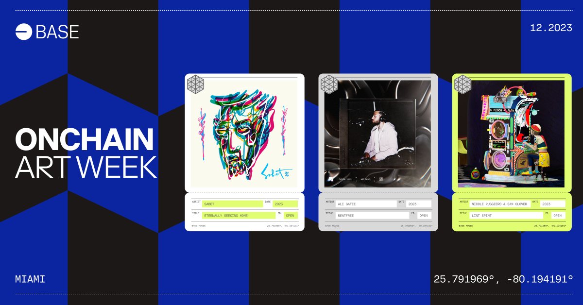 base's tweet photo. Hello from Miami 🌴

Base is coming to @ArtBasel to bring Art Week Onchain 🔵

We’ll be at events throughout the week, with daily drops and two big throughlines: Base Hunt and Base House

https://t.co/WeJcMtg8m6 https://t.co/ZXPY9vQQTh