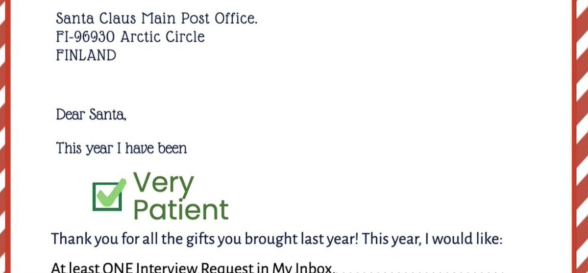 Dear Santa,                                   Holiday Season 2023  

I have been very patient and thoughtful this year. Can you please drop just a few more ERAS interview requests in my inbox?  
 
❤️ A patient #Match2024 applicant  

||#MedStudents #IMG #InsideTheMatch