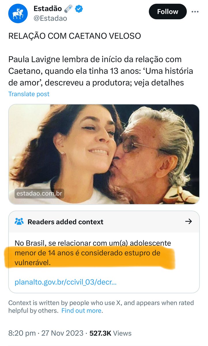 RafaelFontana's tweet photo. Estadão omite informação e leva checagem no Twitter X.

Público adicionou a informação sobre "estupro de vulnerável", ao comentar relacionamento de cantor com atriz que tinha 13 anos. https://t.co/bwMzOEy4VU