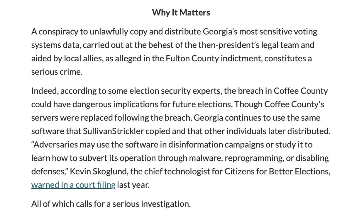 A conspiracy to unlawfully copy and distribute sensitive voting systems data, as alleged in the Fulton County indictment, constitutes a serious crime. And some election security experts say the breach in Coffee County could have dangerous implications for future elections.