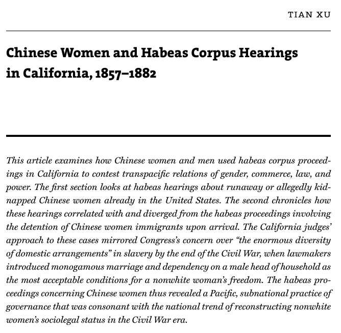 Congratulations to Tian Xu, PhD '21, on publication of his article 'Chinese Women and Habeas Corpus Hearings in California, 1857–1882'! It appears in 'Transpacific Connections in the Civil War Era,' a special issue of @JCWE1, from @UNC_Press muse.jhu.edu/article/912399