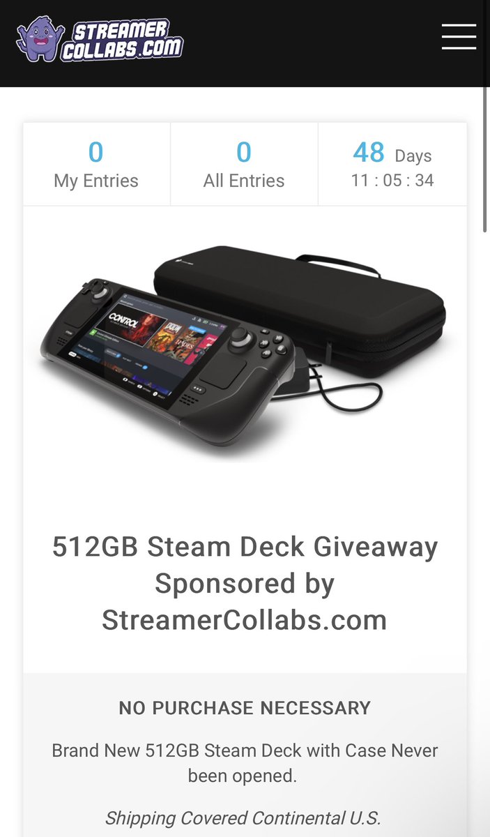 EXCITED TO ANNOUNCE OUR SECOND 512GB STEAM DECK GIVEAWAY!!

ENTER WHILE U CAN

**LINK BELOW** 

$650 Value

Like and RT  💜

#Giveaway #GiveawayAlert #StreamerCommunity