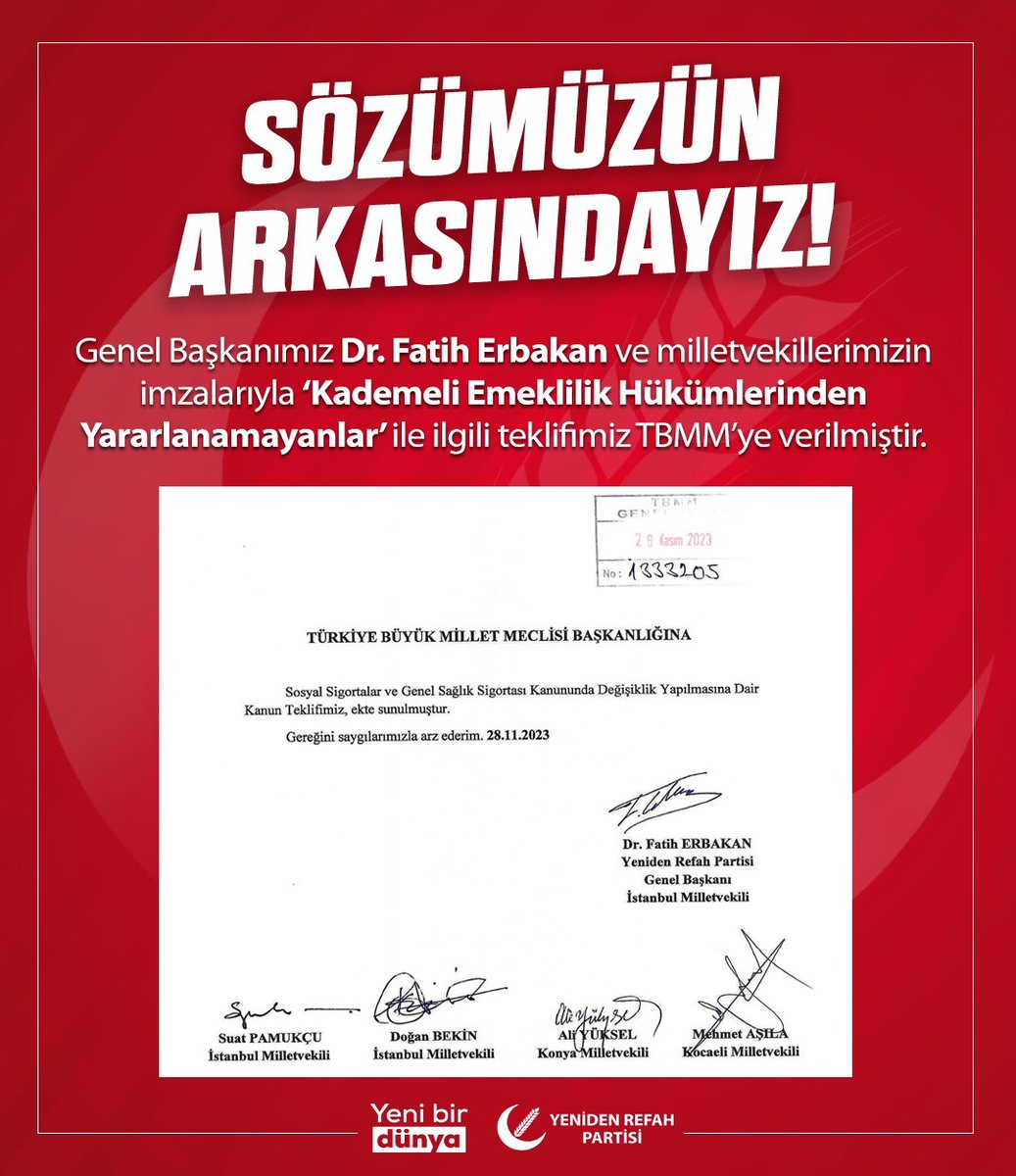 SÖZÜMÜZÜN ARKASINDAYIZ! 

Genel Başkanımız Dr. Fatih Erbakan ve milletvekillerimizin imzalarıyla ‘Kademeli Emeklilik Hükümlerinden Yararlanamayanlar’ ile ilgili teklifimiz TBMM’ye verilmiştir.