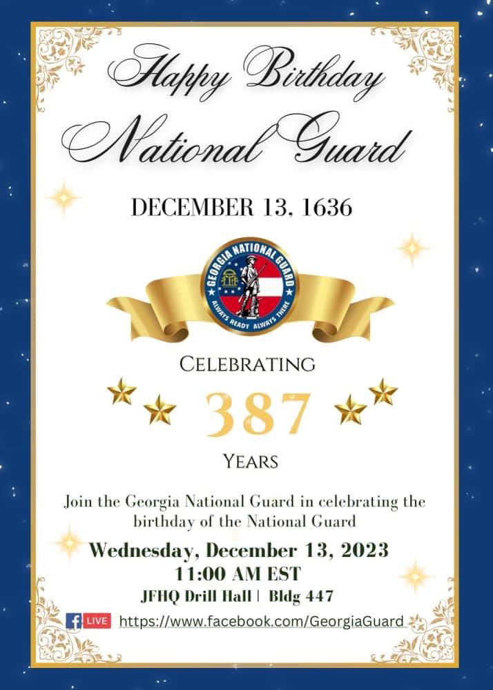 GeorgiaGuard's tweet image. Join us as we celebrate @USNationalGuard 387th birthday, Wednesday, December 13, on Facebook Live! #SharedPurpose #SharedValues #SharedVictory