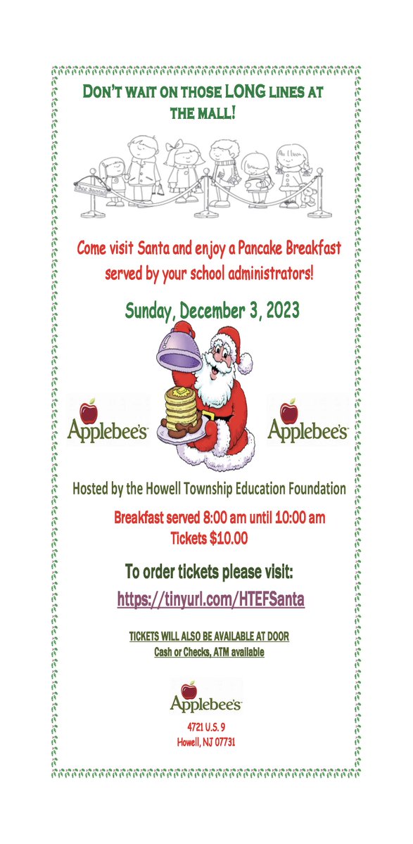 The Howell Township Education Foundation is hosting their annual Breakfast with Santa, come visit Santa &amp; enjoy a Pancake Breakfast! Sunday, December 3 from 8-10AM at Howell Applebees, $10/ticket! Visit tinyurl.com/HTEFSanta.  Hope to see you there! #HTPSCommunityEngagement
