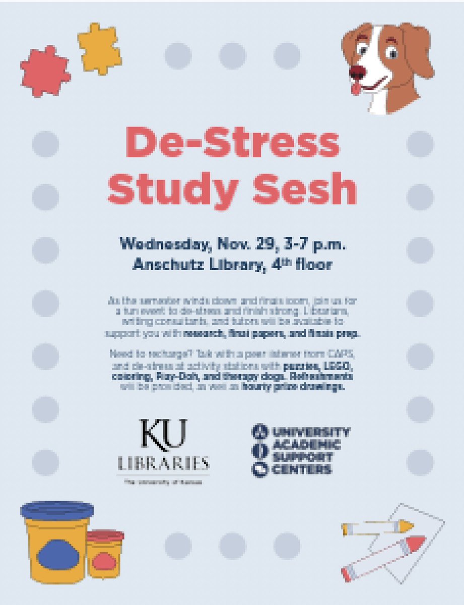 KU_UASC's tweet photo. This is a reminder about our UASC upcoming De-Stress Study Sesh this Wednesday, November 29th! You don't want to miss out on this fun and relaxing opportunity! #finals #rockchalk 🤗 https://t.co/dGsJNins6c