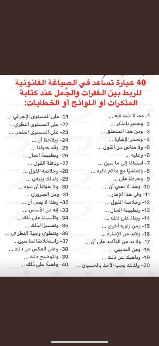 📍40 عبارة تساعد في الصياغة القانونية للربط بين الفقرات والجمل عند كتابة المذكرات أو اللوائح أو الخطابات 👇