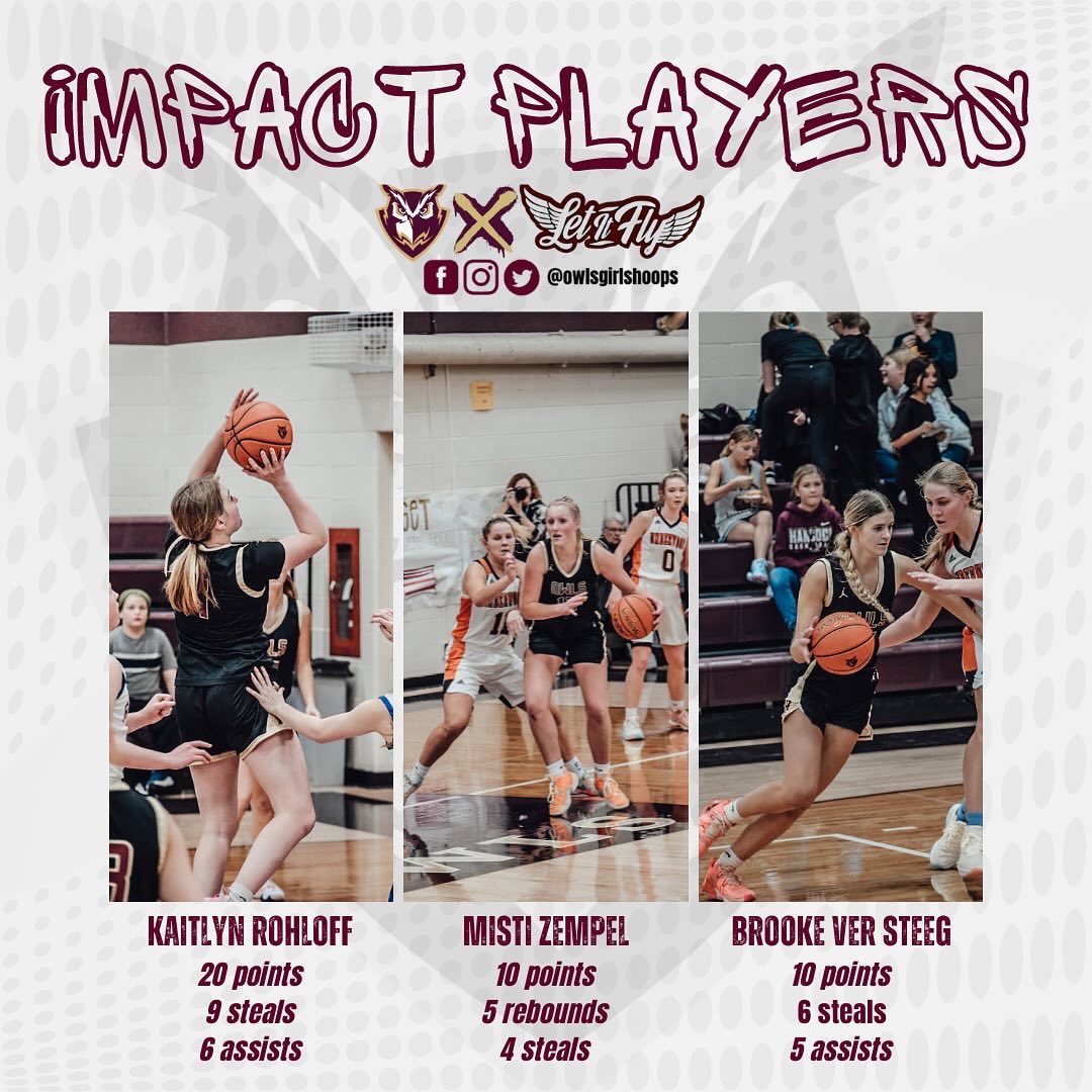 Last nights player of the game vs LQVP is @Kaitlyn_staples and our other impact players are @KaitlynRohloff,@misti_zempel12 and @BrookeVersteeg, however this was a total team effort! 

#letsfly #owlsgirlshoops