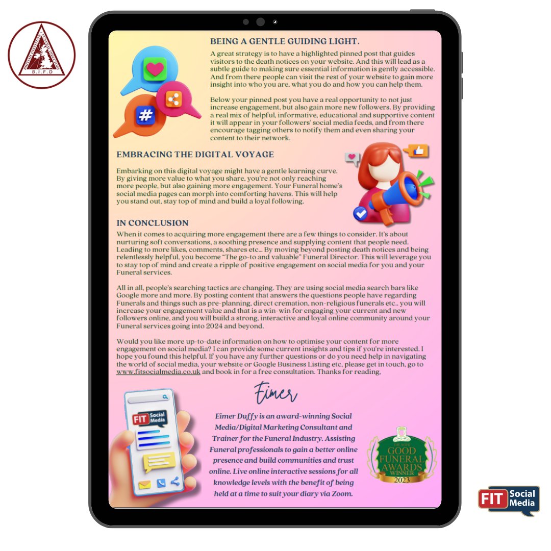 So why should social media engagement matter? 🤔

In the latest edition of <a href="/The_BIFD/">British Institute of Funeral Directors</a> Issue 11 Pg 46-47, I touch on this, why it's so important for you &amp; your Funeral business etc. &amp; some tips to get moving with: bit.ly/3sQAnt5 📖

#BIFD #FuneralDirectors #FITsocialmedia