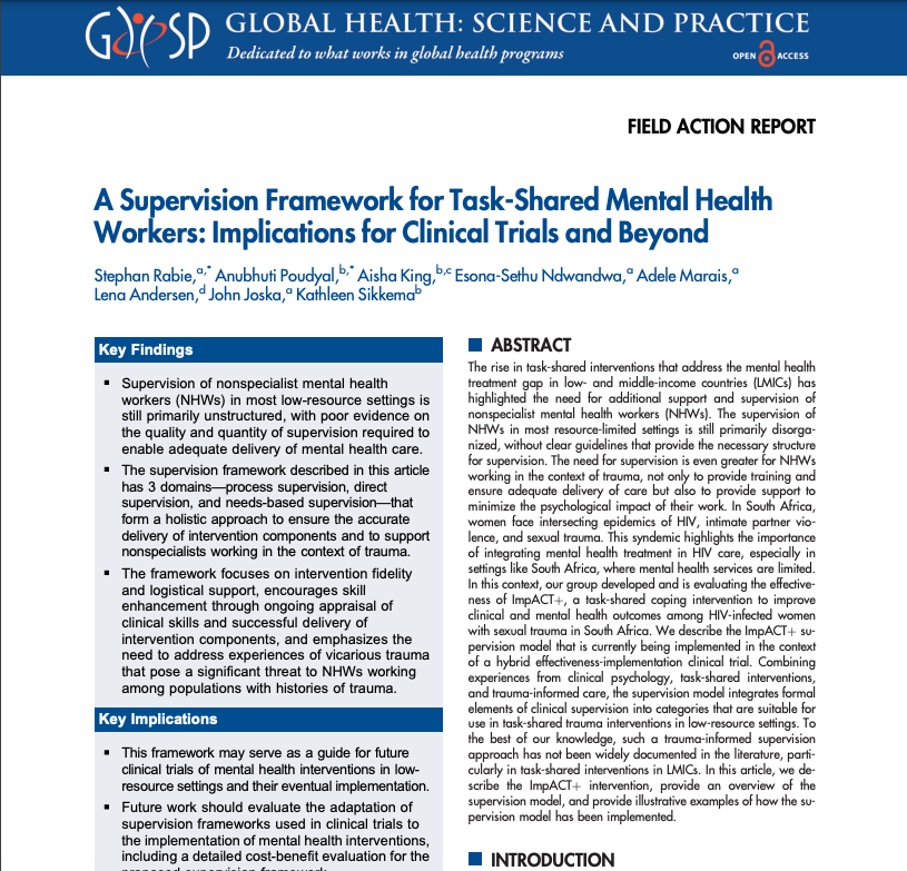 The authors describe a supervision model of nonspecialist mental health workers that integrates elements of clinical supervision into categories that are suitable for use in task-shared mental health and trauma interventions in low-resource settings. hubs.ly/Q02bdrkr0