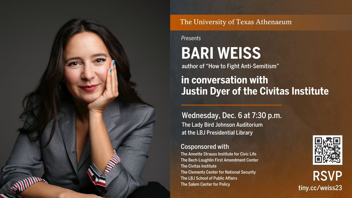 Next Wednesday, join us at the LBJ Auditorium for a presentation of Bari Weiss! You don't want to miss this valuable conversation, so make sure to RSVP here: tiny.cc/weiss23 #spiritofstrauss #bariweiss #antisemitism