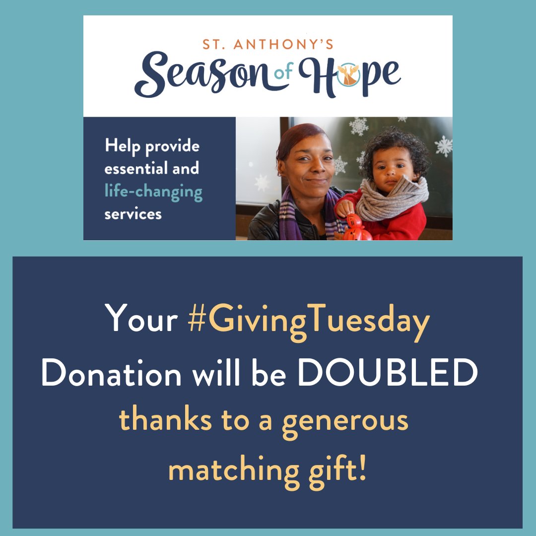 It's #GivingTuesday — and your donation will be DOUBLED thanks to a generous matching gift! Donate Today: ow.ly/bVeW50QbK74 #stanthonysf #hopestabilityrenewal #sanfrancisco #tenderloin #thetenderloin #tenderloinsf