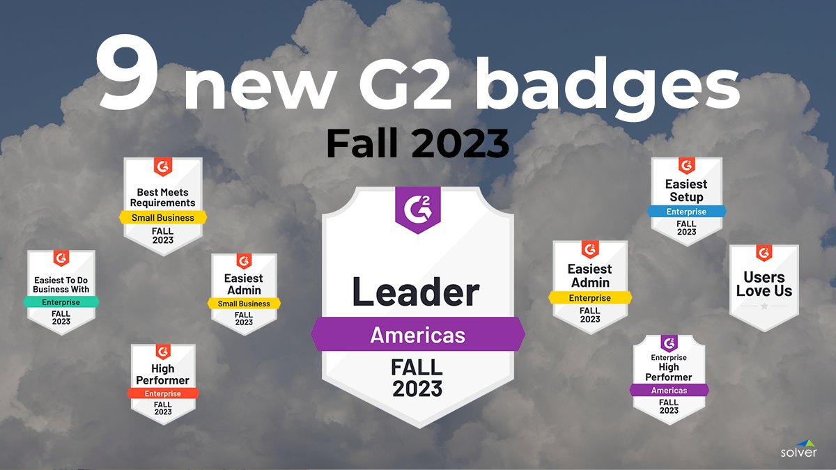 A HUGE thank you to all our great customers, and especially those of you who took the time to review Solver on G2 this Fall. Because of your support and honest feedback in your G2 reviews, we've earned an incredible 9️⃣ new badges from G2 for Fall 2023! 🤩