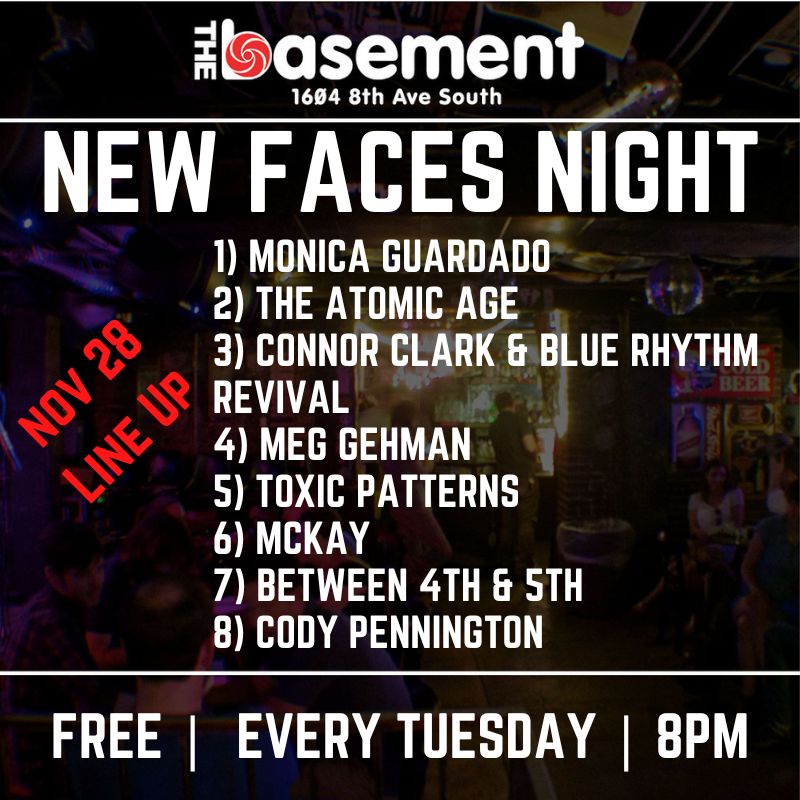TONIGHT! This week's New Faces Night is stacked. 👇Check out this lineup. Music starts at 8! 1. Monica Guardado 2. The Atomic Age 3. Connor Clark & Blue Rhythm Revival 4. Meg Gehman 5. Toxic Patterns 6. Mckay 7. Between 4th & 5th 8. Cody Pennington #freelivemusic