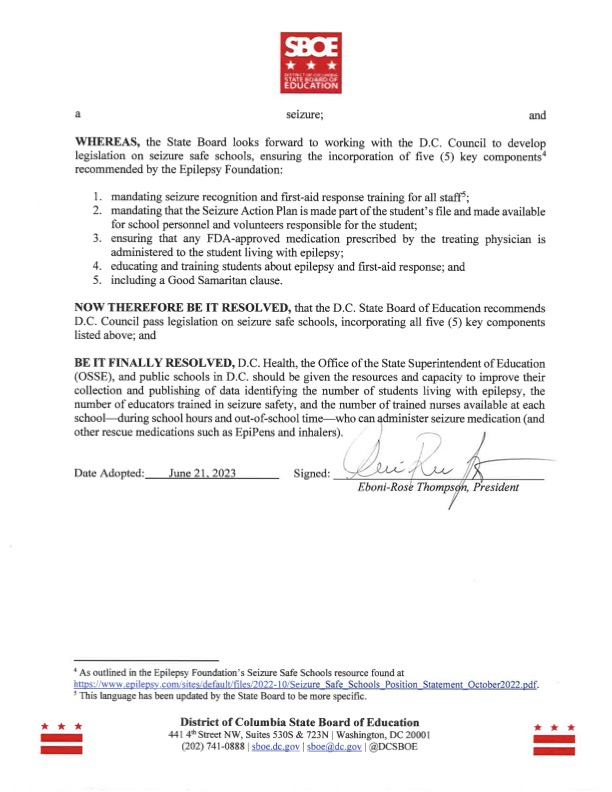 In June, <a href="/DCSBOE/">DC State Board of Ed</a> passed a resolution recommending <a href="/councilofdc/">Council of DC</a> to pass legislation on Seizure Safe Schools. 🎉Exciting news earlier this month  <a href="/CMCharlesAllen/">CM Allen's Team</a> introduced B25-0571 Seizure-Safe Schools Amendment Act of 2023, which is now noticed 🤝 #SafeSchools #DCSBOE