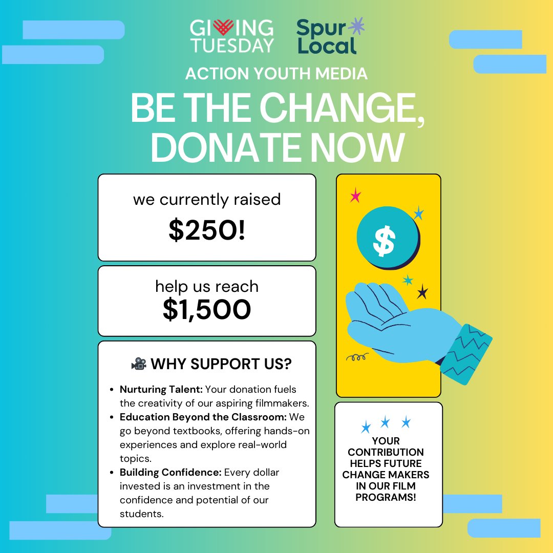 We are currently at $250! Thank you for your support! Continue to like, share, and donate so we can reach our goal of $1,500!

Donate today by clicking here: givelocaltogether.org/o/youthmedia
