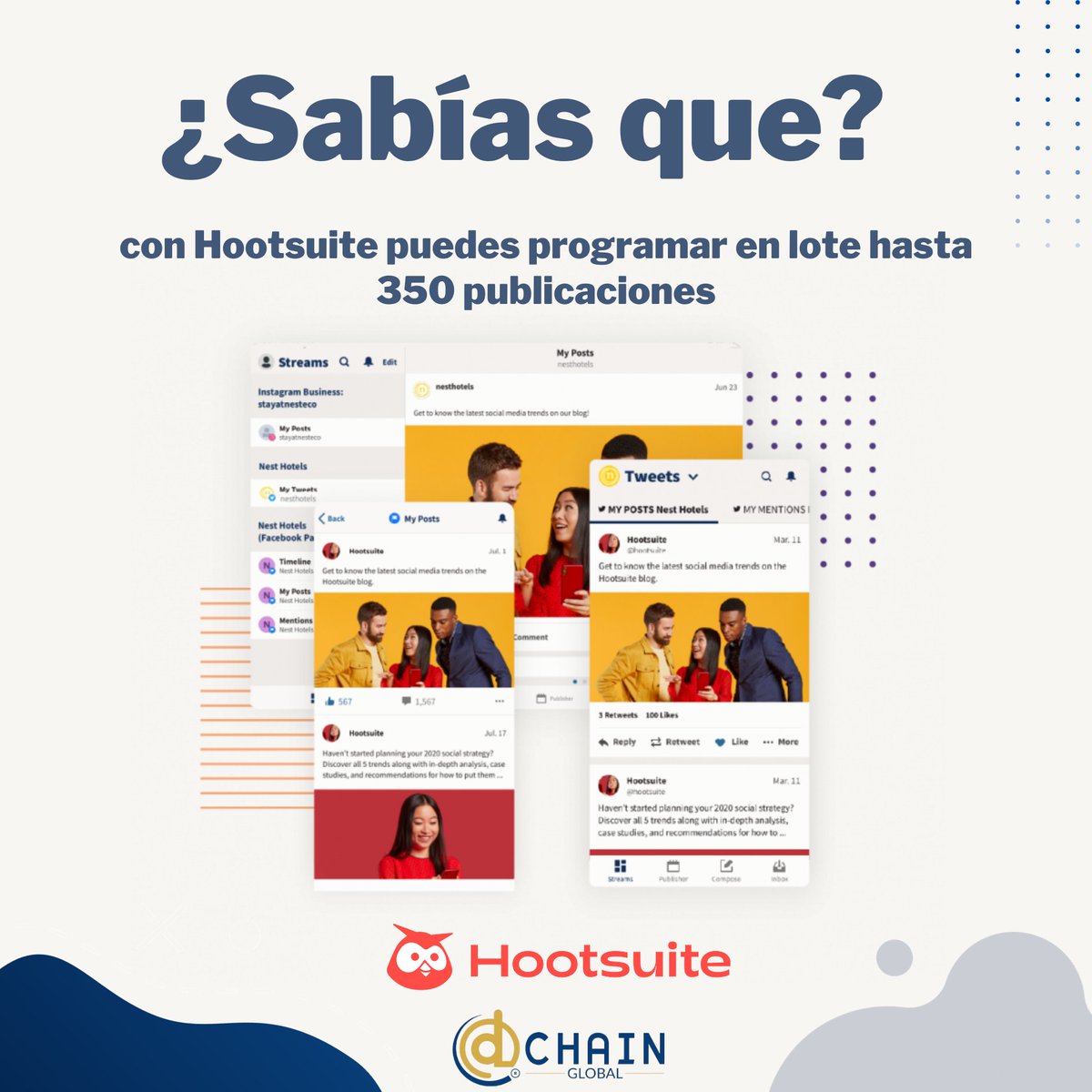 🧩🚀Con el programador en lote de Hootsuite, puedes cargar hasta 350 publicaciones simultáneamente para luego solamente confirmar el copy y los enlaces y agregar elementos visuales o emojis.⌚📱