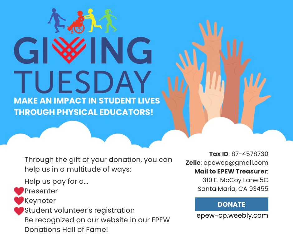 This #GivingTuesday, please consider donating 🤲🏾towards our workshop! W/your generosity💚, we will be able to fund various aspects of #EPEW2024 & continue to push #physed forward ! Your donations can be tax💰deductible as our work for teachers 👩🏽‍🏫 & our students 👨🏻‍🎓 are non-profit!