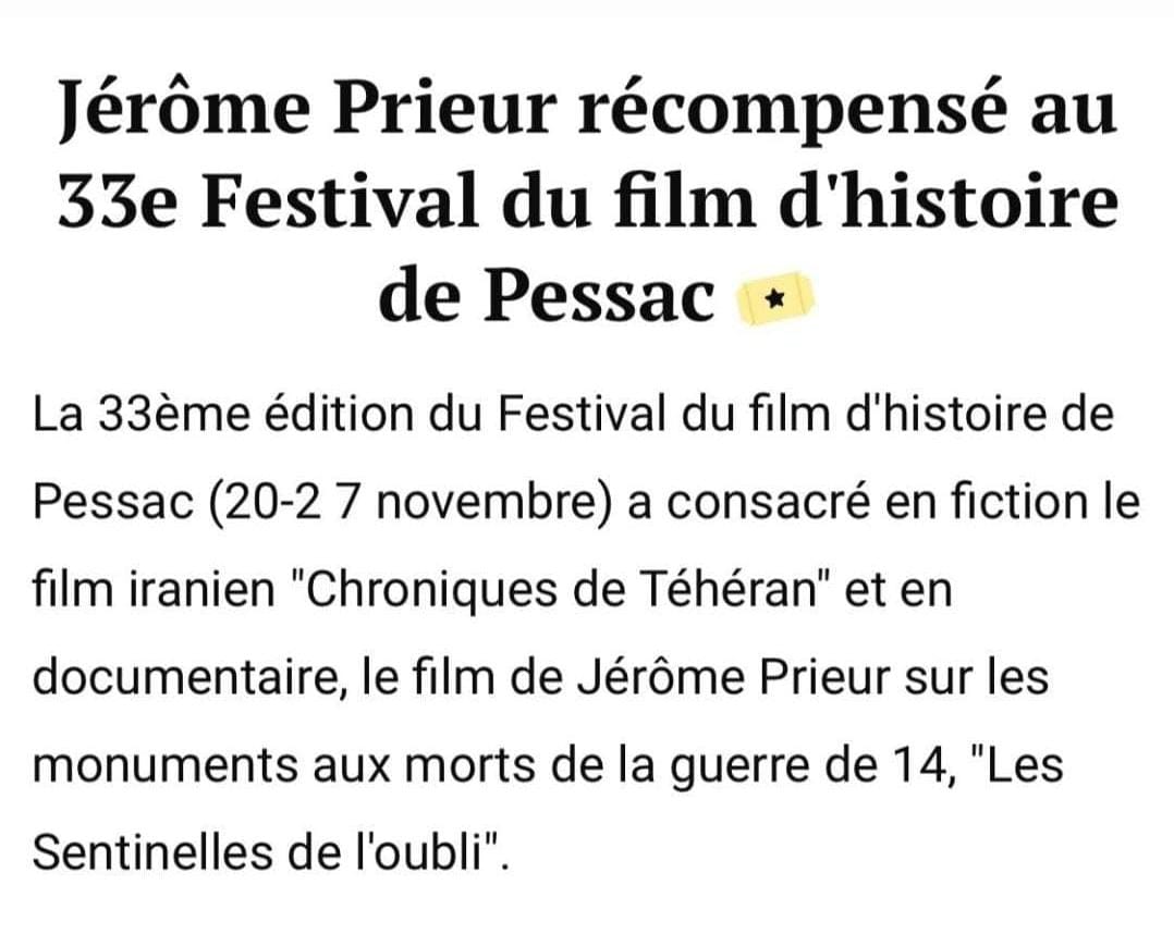 Mélisande films (@filmsmelisande) on Twitter photo Le Prix du Jury du Documentaire Inédit a été décerné au film "Les sentinelles de l'oubli" de Jérôme Prieur au <a href="/FIFH_Pessac/">FestivalFilmHistoire</a> Le Prix du Jury du Documentaire Inédit a été décerné au film "Les sentinelles de l'oubli" de Jérôme Prieur au <a href="/FIFH_Pessac/">FestivalFilmHistoire</a>