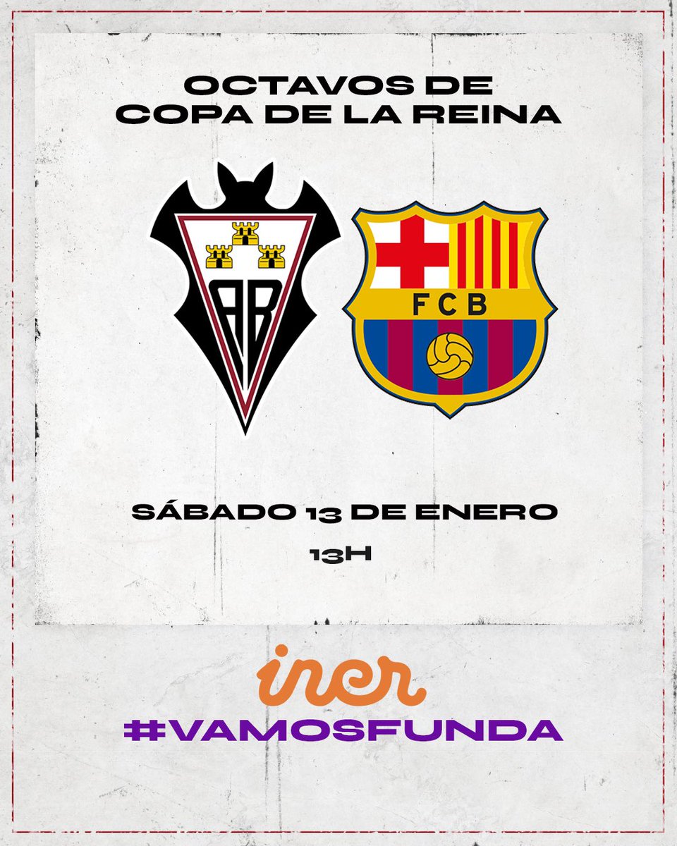 CDAlbaFem's tweet photo. ¡𝙔𝘼 𝙏𝙀𝙉𝙀𝙈𝙊𝙎 𝙁𝙀𝘾𝙃𝘼! 

Octavos de final de la Copa de la Reina 👑 👑 

🆚 @FCBfemeni 
📆 Sábado 13 de Enero
⏱️ 13h 

#VamosFunda https://t.co/3OErDEMmeH