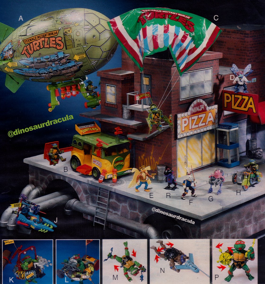 DinosaurDracula's tweet image. Ninja Turtles catalog page, from 1989. Peek around and you'll spot everyone from Krang to Ace Duck. (It's a shame that the city environment was just for show. It would've been a must-have playset on its own!)