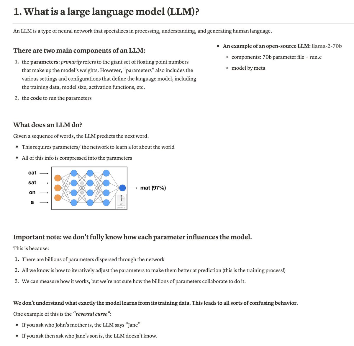 MilksandMatcha's tweet photo. I created a notes version of @karpathy's  "Intro to LLM" video for folks who don't have 1 hour 😀 (~5 min read)

I focused on making the document as holistic and easy to follow as possible, for all understanding levels. 

For example, 
> significant restructuring of the video content (he presents the steps of creating an LLM out of order)
> enriching with additional very-important topics
> making it less OpenAI/ ChatGPT focused (he makes it sound like the assistant model is the only output format of fine-tuning) 

Would love and appreciate any feedback on how to make these notes as useful and thorough as possible, and any recommendations for future videos/folks to watch. Hoping to continue making these documents and please share!

full notes: https://t.co/RdVgqkWc1w

Also, thanks to @scikud and @HarperSCarroll for their feedback ❤️