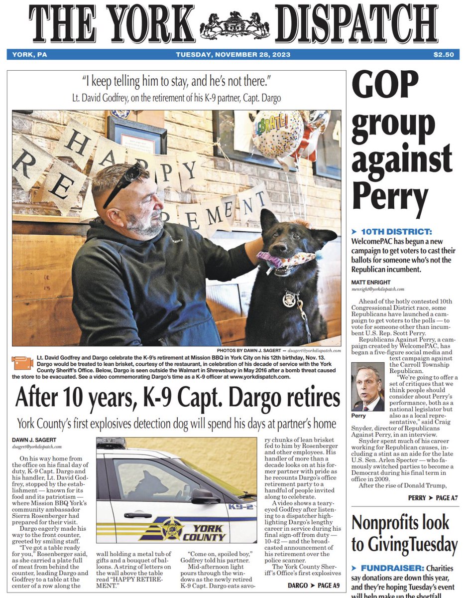 Wallace McKelvey (@wjmckelvey) on Twitter photo Pick up today's <a href="/YorkDispatch/">York Dispatch</a> for great reporting from <a href="/DispatchDawn/">Dawn J. Sagert</a> on the retirement of K-9 Dargo, <a href="/Matthew_Enright/">Matthew Enright</a> on the latest election issues in York County and so much more.
Online here: yorkdispatch.com/story/news/loc…
And here: yorkdispatch.com/story/news/loc… Pick up today's <a href="/YorkDispatch/">York Dispatch</a> for great reporting from <a href="/DispatchDawn/">Dawn J. Sagert</a> on the retirement of K-9 Dargo, <a href="/Matthew_Enright/">Matthew Enright</a> on the latest election issues in York County and so much more.
Online here: yorkdispatch.com/story/news/loc…
And here: yorkdispatch.com/story/news/loc…