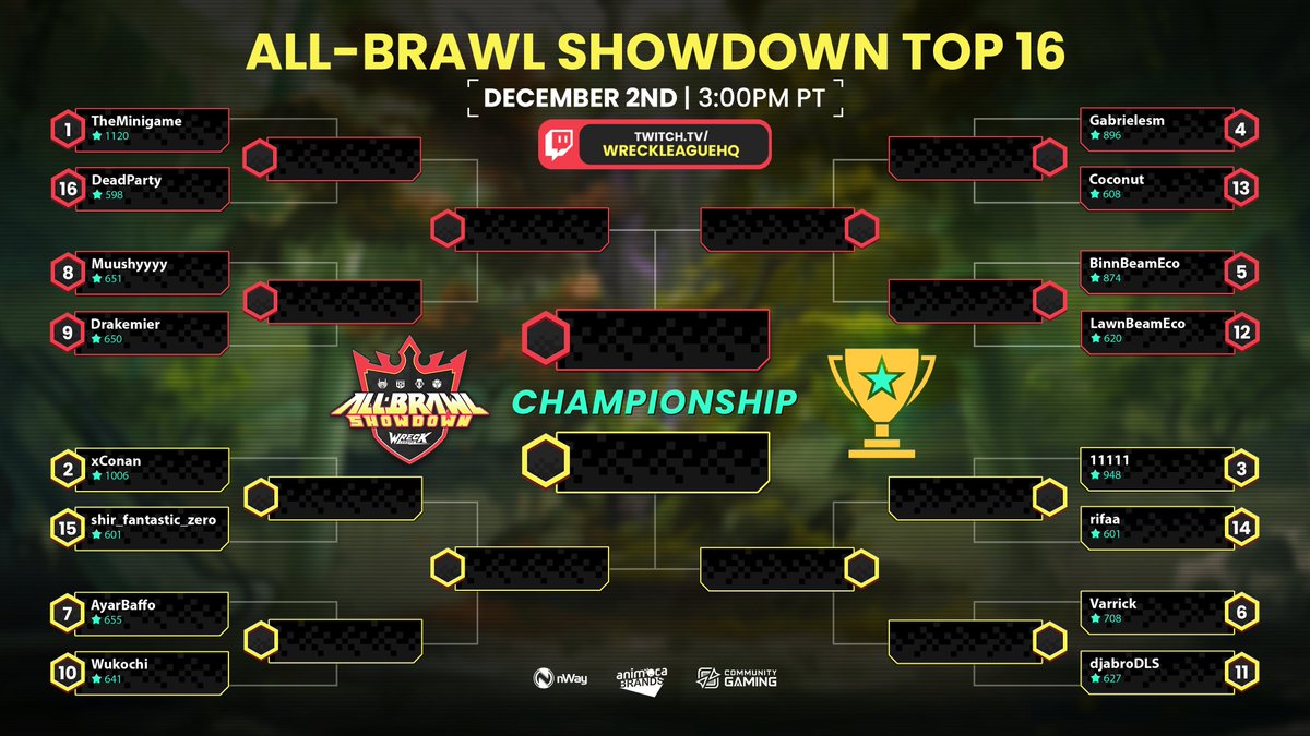 The brackets are set!   

The top 16 players will face off on December 2nd at 3pm PT in the ultimate showdown. Epic mech battles will unfold as these competitors clash to take home the exclusive Iconic Holespec and other prizes 🏅

Tune in to watch the glory unfold ⭐️