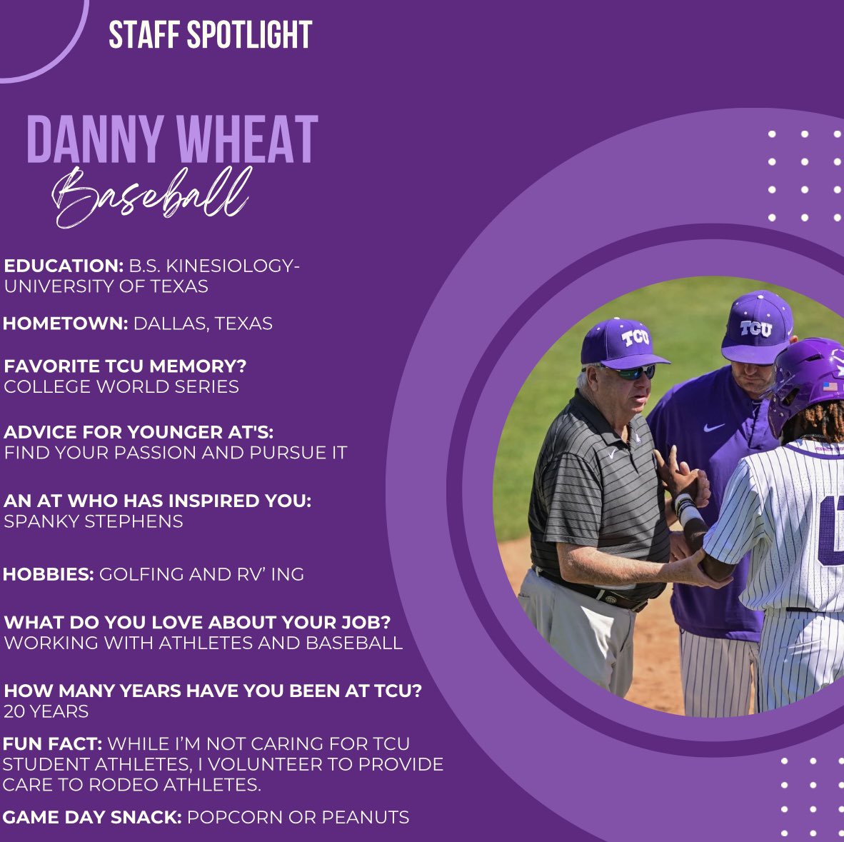 We’re throwing the spotlight on our most tenured athletic trainer ✨Danny Wheat LAT, ATC✨

Danny is in his 20th season with Horned Frog Baseball and previously worked in the Texas Rangers Organization from 1976 to 2002.
#gofrogs #tcusportsmed