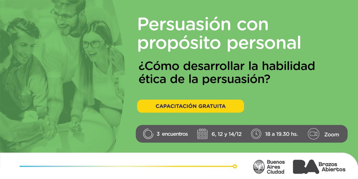 🤝 ¡Llegó el taller virtual y gratuito Persuasión con Propósito Personal! Aprovechá esta oportunidad para mejorar tus habilidades verbales y no verbales en la comunicación persuasiva.

📆 6, 12 y 14/12, de 18 a 19:30 hs.

✍️ Anotate en bit.ly/PersuasionPP