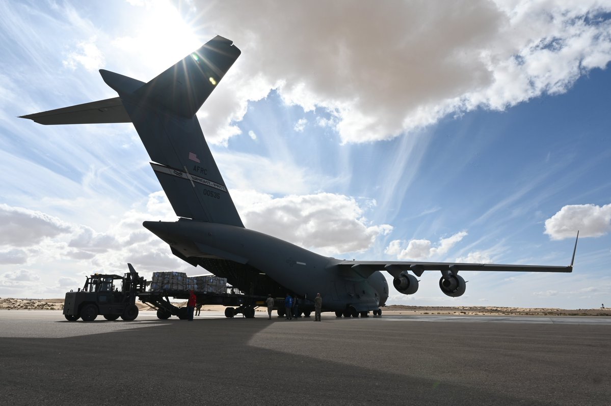 USCENTCOM supported USAID by airlifting more than 54,000 pounds of humanitarian supplies to provide medical supplies and food to the people of Gaza. The supplies began arriving today in Egypt via a C-17 aircraft to then be distributed by UN agencies. Additional flights are