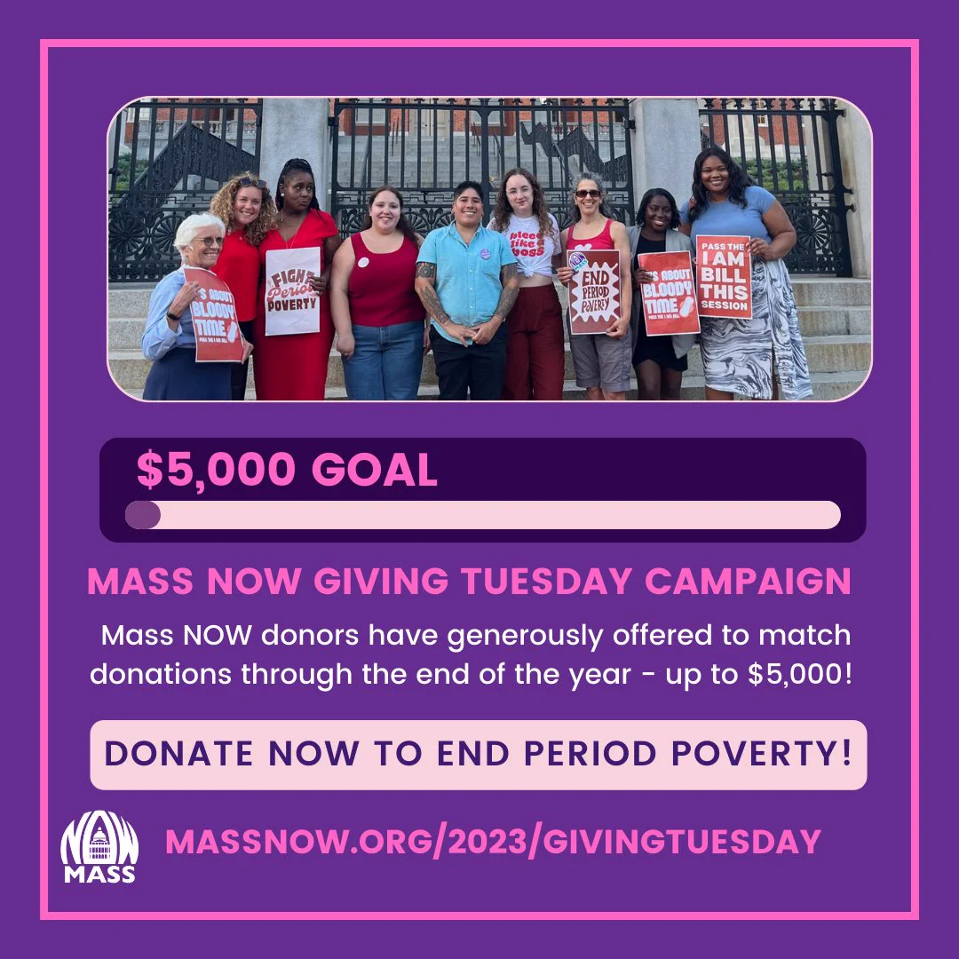 Purple background with a picture of activists and text saying: Mass now giving Tuesday campaign, Mass now donors have generously offered to match donations through the end of the year up to $5,000. Donate now to end period poverty massnow.org/2023/givingtuesday