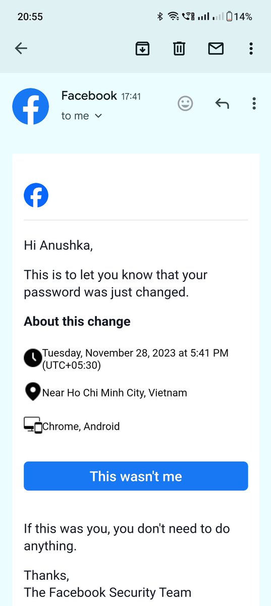 anushka_02k's tweet photo. Hi all,

I am typing this tweet to let you know that my facebook account got hacked today that I am using from last 10-15 years.
Email and phone number replaced.
Please help me out!!

@Cybercellindia 
@Cyberdost 
@MarkZuckss 
@MarkZuckrbrg 
@del4womensafety https://t.co/qR5ciXQyB3