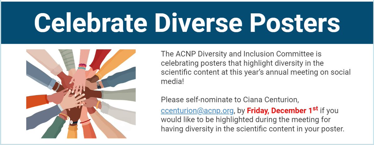 Are you presenting at #ACNP2023? The <a href="/ACNPorg/">ACNP</a> Diversity &amp; Inclusion Committee wants to highlight posters that have diversity in their scientific content. 

See below for more details on how to nominate yourself and please share widely⬇️