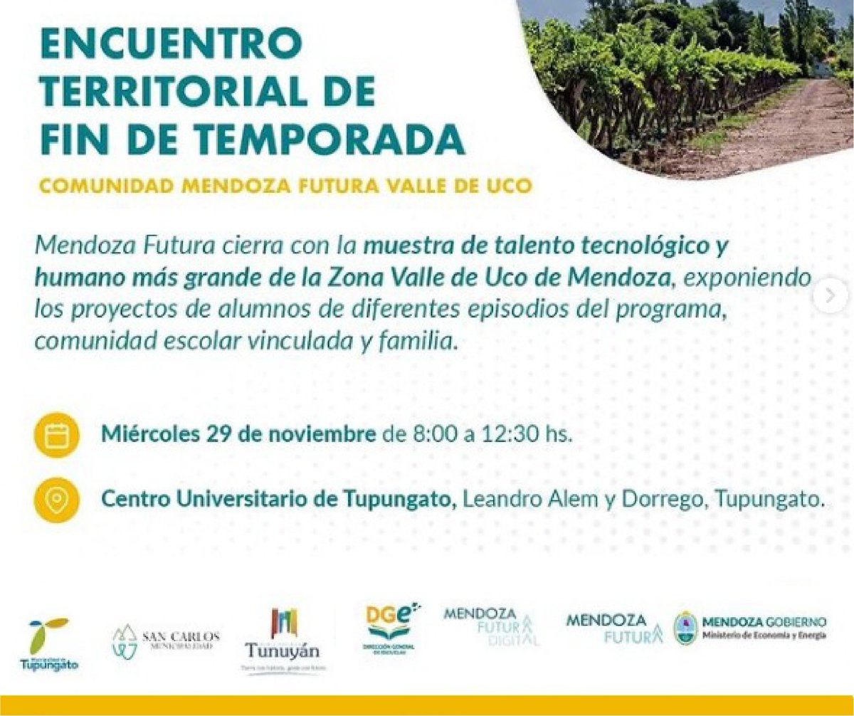 ProduccionMza's tweet photo. #Gestión #Mendoza 
Comenzaremos a recorrer la Provincia con los cierres de ciclo de #MendozaFutura, por eso los esperamos mañana 29/11 en el Centro Universitario de Tupungato ¿Nos acompañan?
Los detalles en https://t.co/UzUZpVlgpo https://t.co/Ax8qRmrzY5