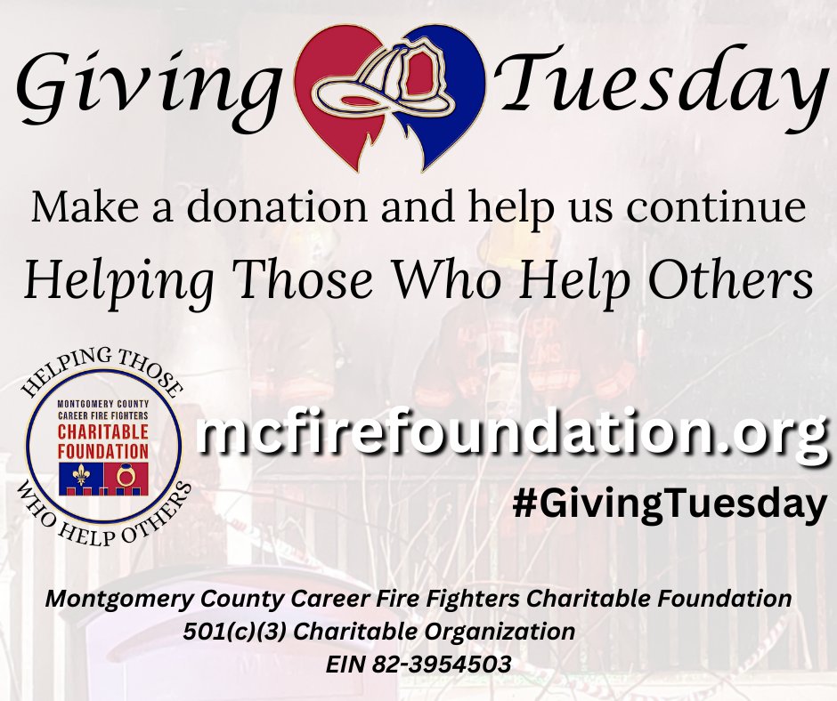 Mo Co Fire Fighters Charitable Foundation (@mocofirefndn) on Twitter photo It's #GivingTuesday, a day to give back to the community or to a cause important to you. Please consider making a tax-deductible donation to help us continue Helping Those Who Help Others. Donate now at mcfirefoundation.org/donate.
<a href="/mcfrsPIO/">Pete Piringer</a> It's #GivingTuesday, a day to give back to the community or to a cause important to you. Please consider making a tax-deductible donation to help us continue Helping Those Who Help Others. Donate now at mcfirefoundation.org/donate.
<a href="/mcfrsPIO/">Pete Piringer</a>