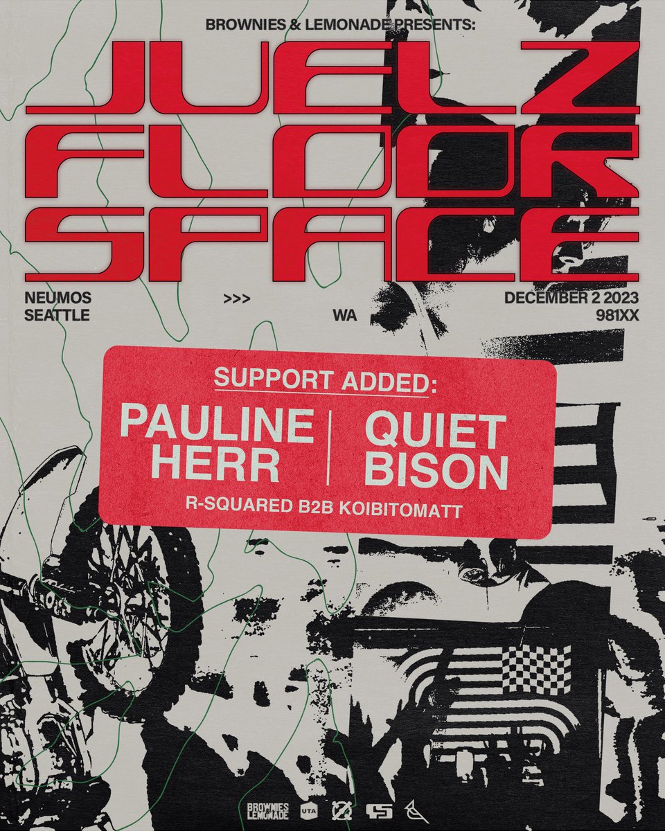 JUELZ FLOORSPACE SEATTLE 
Saturday 12/2  
full lineup announced: 

Juelz
Pauline Herr 
Quiet Bison
R-Squared b2b Koibitomatt

~ low ticket warning, final tier left ~
Tix → axs.com/events/508381/…

<a href="/bbjuelz/">JUELZ</a> <a href="/paulineherr/">Pauline Herr</a> <a href="/thequietbison/">QUIET BISON</a>