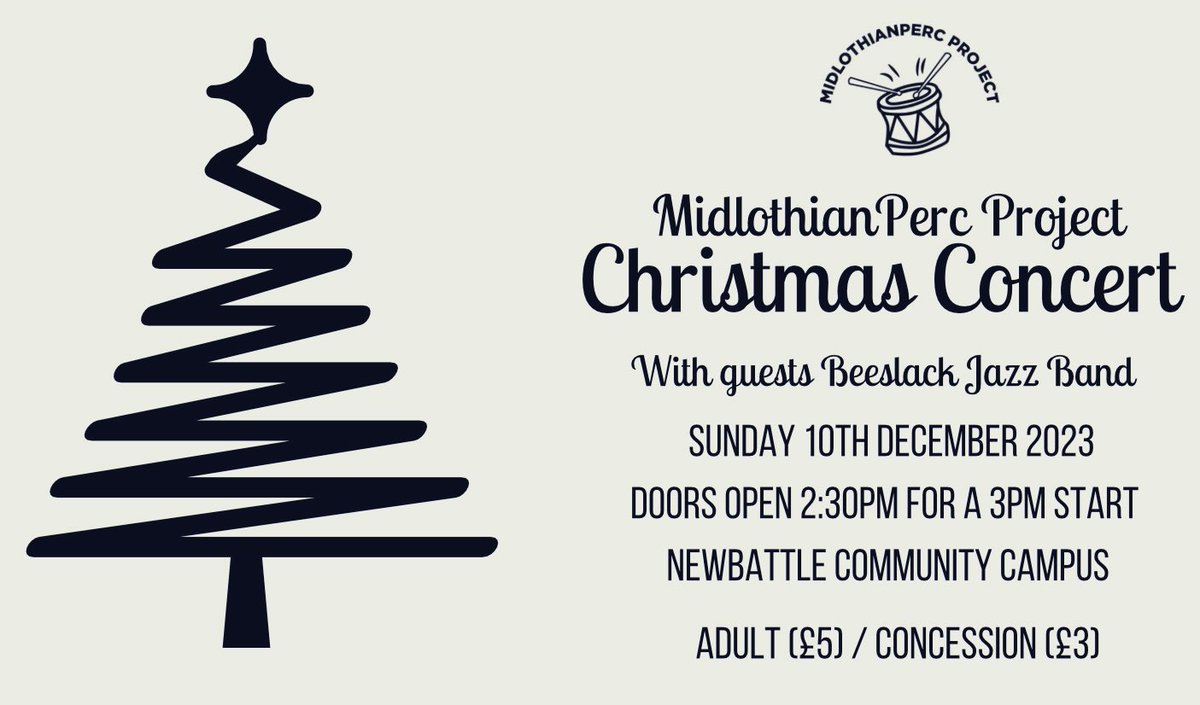 MidlothianPerc's tweet image. 🥁 #MidlothianPercProject Christmas Concert 🥁
with guests Beeslack Jazz Band
Sunday 10th December @ 3pm 

Tickets £5 Adults &amp;amp; £3 Conc.
Email to reserve: midlothianpercproject@gmail.com
#MidPercTraining &amp;amp; #MidPercEnsemble
@beeslackmusic @BeeslackHigh @MusicMidlothian
