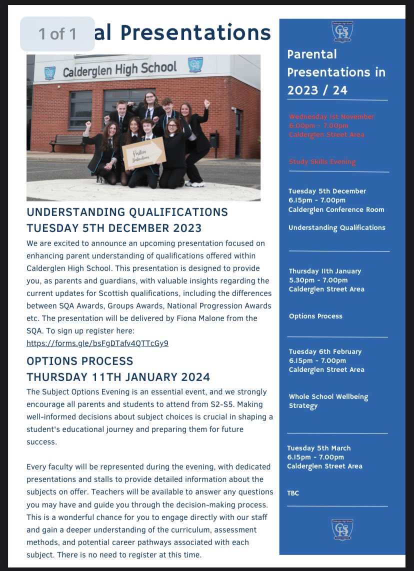 CglenHighSchool's tweet photo. 🚨 New parent mail 🚨 

💙Please note our two parent/carer information evenings:

📅Tuesday 5th December 
📅Thursday 11th January https://t.co/j5avGfokh1