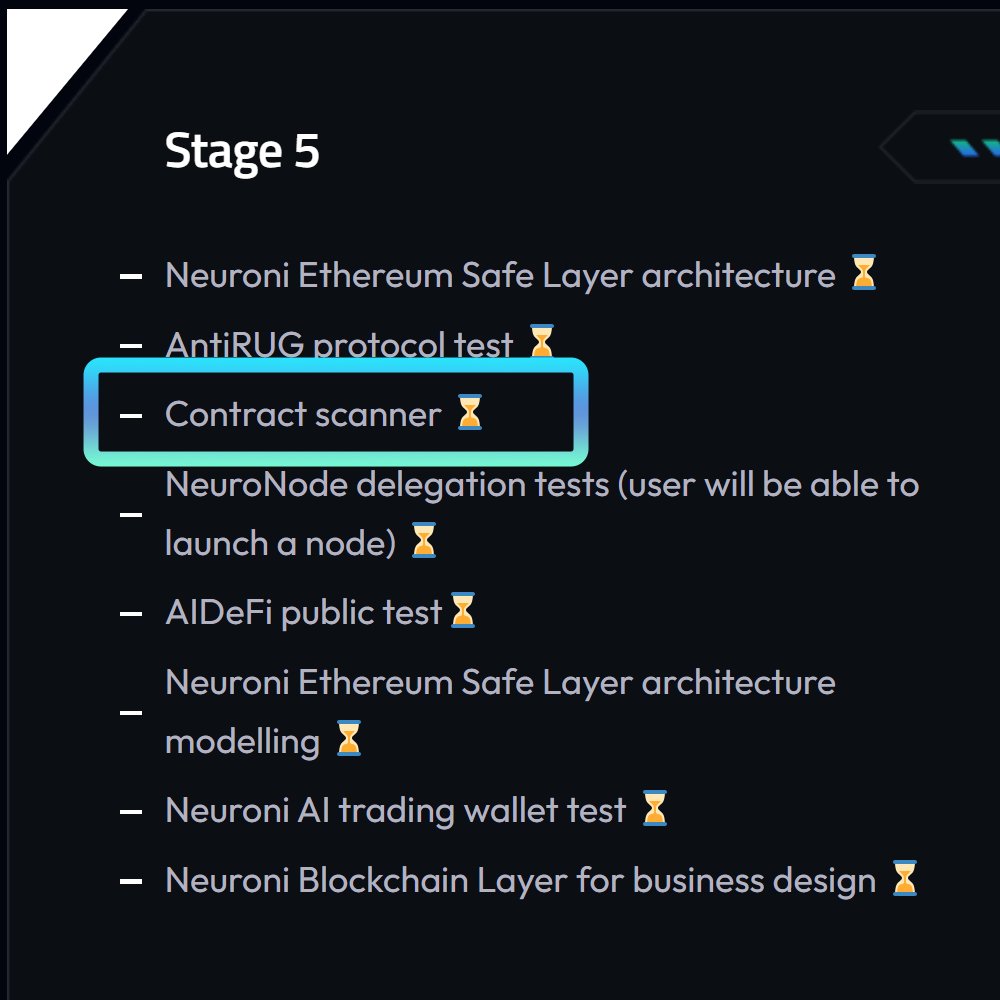 Neuroni AI (@neuroniai) on Twitter photo Greetings, Neuronians!
We're diving deeper into our Roadmap with an electrifying feature set to supercharge the experience for all you brilliant smart contract traders and analysts:
Introducing... Contract Scanner
In a landscape flooded with contract checkers and AUDIT Greetings, Neuronians!
We're diving deeper into our Roadmap with an electrifying feature set to supercharge the experience for all you brilliant smart contract traders and analysts:
Introducing... Contract Scanner
In a landscape flooded with contract checkers and AUDIT